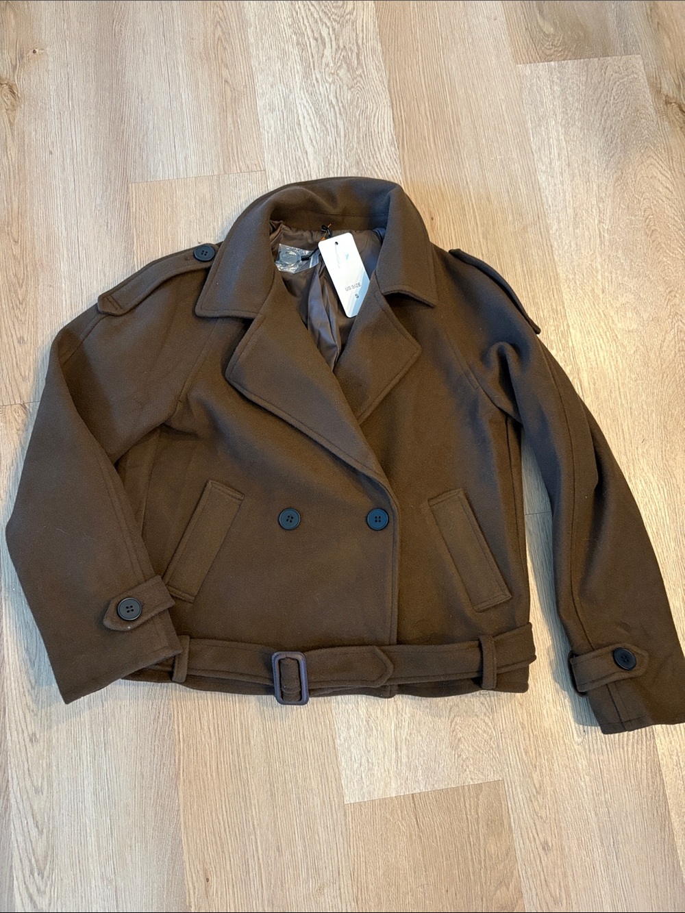 Double-Breasted Short Wool Blend Jacket in Brown